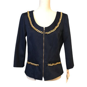Randy Kemper Blue Pinstripe Jacket w/Gold Chain Embellishment, New, Size 8
